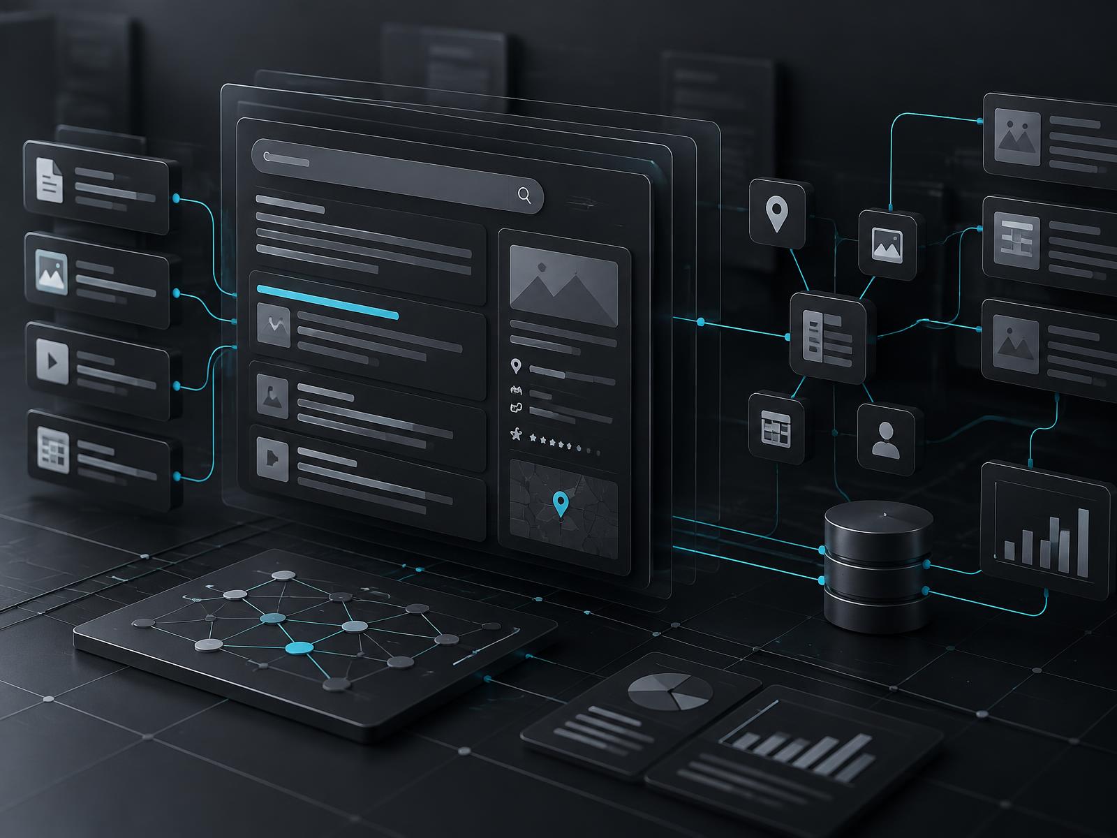 Search results, structured data, and citation pathways represented as a connected analytics system